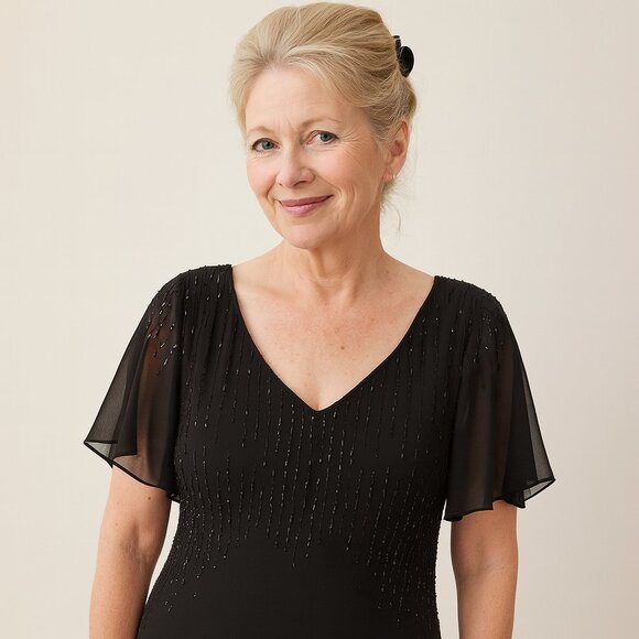 Adrianna Papell Black Beaded Gown – Formal Maxi Dress with Flutter Sleeves - Picture 1 of 7